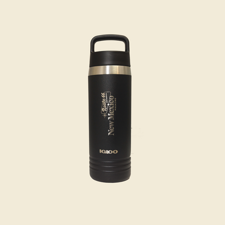 Black 24-ounce Igloo stainless steel water bottle with a carry handle a New Mexico Magazine branding.