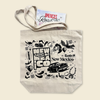Natural cotton tote with black Route 66 and New Mexico illustrations, including a vintage car, chile peppers, and hot-air balloons. 